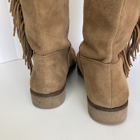 Lucky Brand Boot LK Grayer 7.5M Suede Tan Pullon Flyaway Fringe Mid-Calf Western - Picture 4 of 11